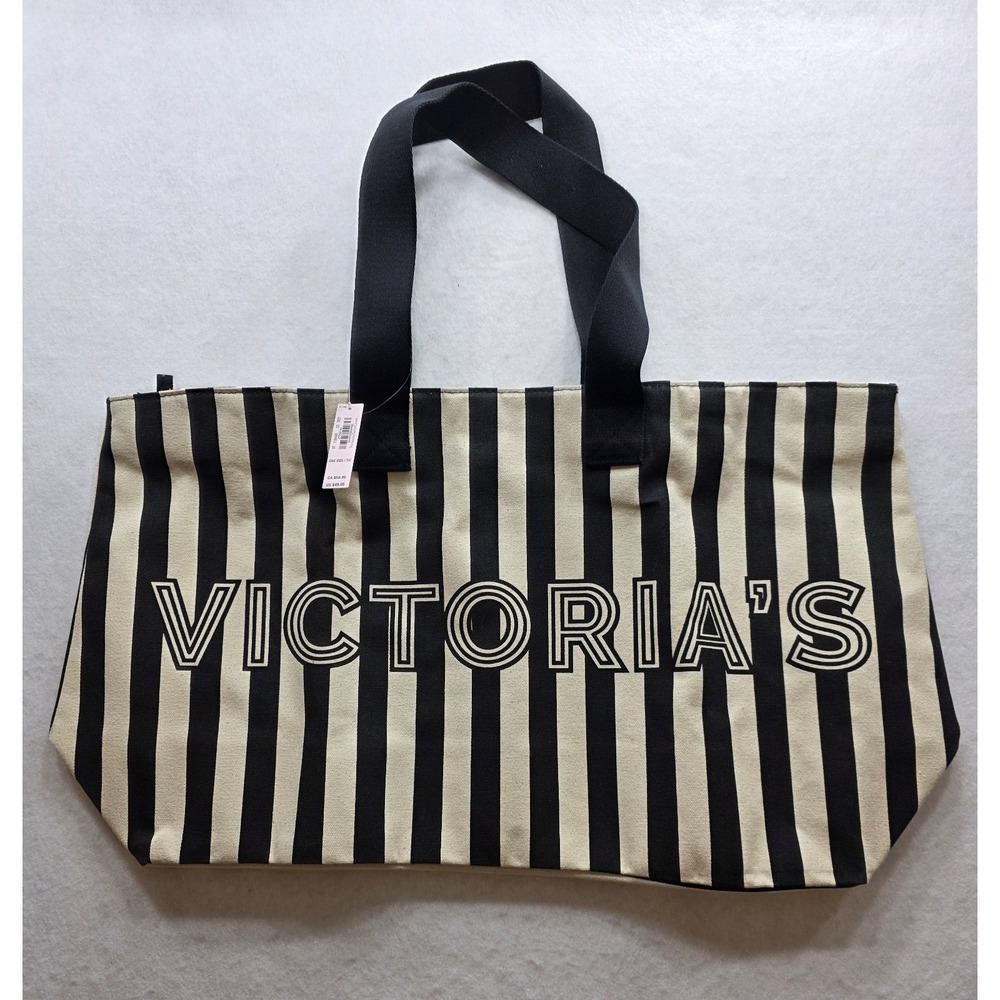 Victoria's Secret 11264563 Black & Ivory Striped Tote Bag Large Sized. NWT.